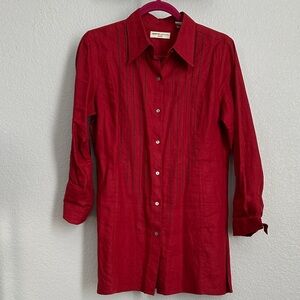 Women’s Red Button-Down Shirt - Longline Collared Tunic